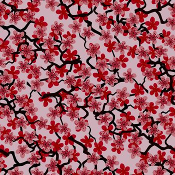 Seamless pattern with blossoming Japanese cherry sakura branches for fabric,packaging,wallpaper,textile decor,design, invitations,print,gift wrap,manufacturing.Pink flowers on pink background