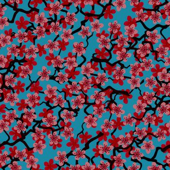 Seamless pattern with blossoming Japanese cherry sakura branches for fabric,packaging,wallpaper,textile decor,design, invitations,print,gift wrap,manufacturing.Pink flowers on turquoise background