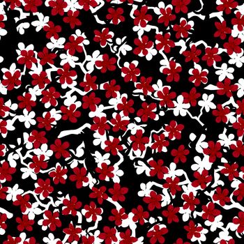 Seamless pattern with blossoming Japanese cherry sakura branches for fabric,packaging,wallpaper,textile decor,design, invitations,gift wrap,manufacturing.Red and white flowers on black background