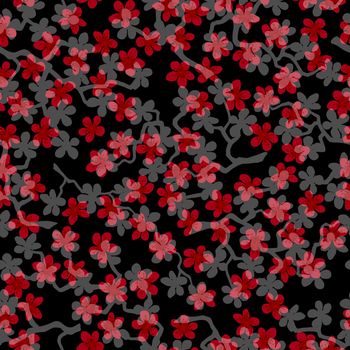 Seamless pattern with blossoming Japanese cherry sakura branches for fabric,packaging,wallpaper,textile decor,design, invitations,gift wrap,manufacturing.Red and gray flowers on black background