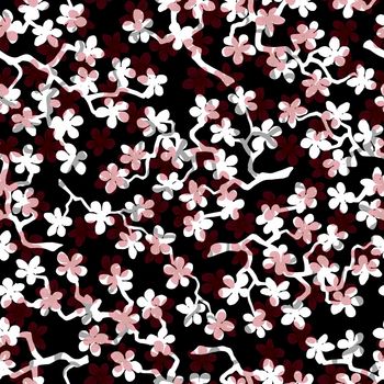 Seamless pattern with blossoming Japanese cherry sakura branches for fabric,packaging,wallpaper,textile decor,design, invitations,gift wrap,manufacturing.Gray and white flowers on black background
