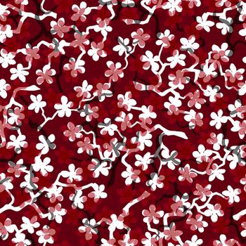 Seamless pattern with blossoming Japanese cherry sakura branches for fabric,packaging,wallpaper,textile decor,design, invitations,gift wrap,manufacturing.Red and white flowers on ruby background