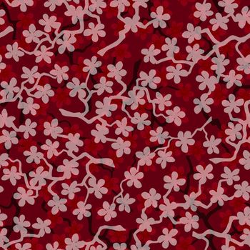 Seamless pattern with blossoming Japanese cherry sakura branches for fabric,packaging,wallpaper,textile decor,design, invitations,gift wrap,manufacturing.Red and pink flowers on ruby background