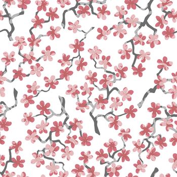 Seamless pattern with blossoming Japanese cherry sakura branches for fabric,packaging,wallpaper,textile decor,design, invitations,gift wrap,manufacturing.Pink and salmon flowers on white background