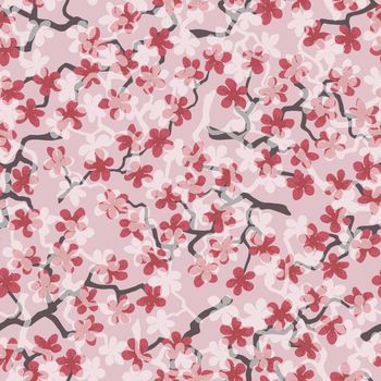 Seamless pattern with blossoming Japanese cherry sakura branches for fabric,packaging,wallpaper,textile decor,design, invitations,gift wrap,manufacturing.Pink and coral flowers on salmon background