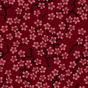 Seamless pattern with blossoming Japanese cherry sakura branches for fabric, packaging, wallpaper, textile decor, design, invitations, print, gift wrap, manufacturing. Pink flowers on ruby background