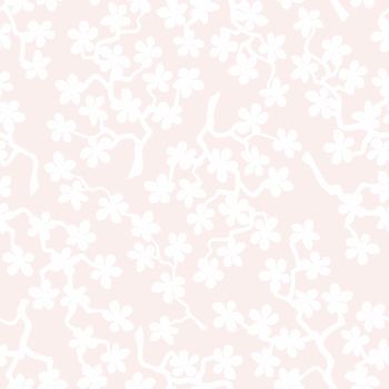 Seamless pattern with blossoming Japanese cherry sakura branches for fabric, packaging, wallpaper, textile decor, design, invitations, print, gift wrap, manufacturing. White flowers on pink background