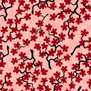 Seamless pattern with blossoming Japanese cherry sakura branches for fabric, packaging, wallpaper, textile decor, design, invitations, print, gift wrap, manufacturing. Red flowers on coral background