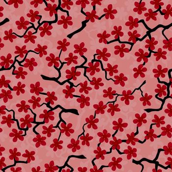 Seamless pattern with blossoming Japanese cherry sakura branches for fabric, packaging, wallpaper, textile decor, design, invitations, print, gift wrap, manufacturing. Red flowers on salmon background