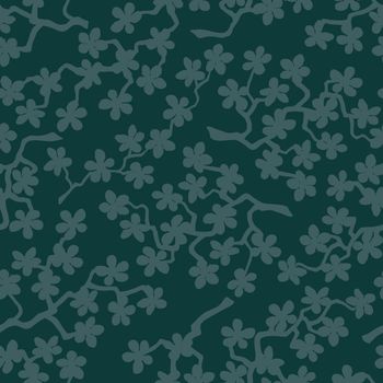 Seamless pattern with blossoming Japanese cherry sakura branches for fabric, packaging, wallpaper, textile decor, design, invitations, print, gift wrap, manufacturing.Olive flowers on green background