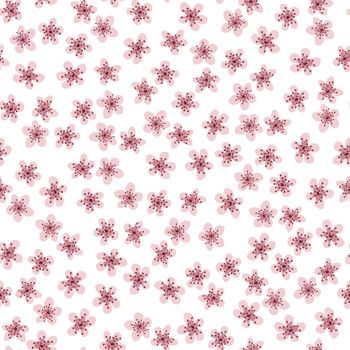 Seamless pattern with blossoming Japanese cherry sakura for fabric, packaging, wallpaper, textile decor, design, invitations, print, gift wrap, manufacturing. Pink flowers on white background