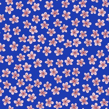 Seamless pattern with blossoming Japanese cherry sakura for fabric, packaging, wallpaper, textile decor, design, invitations, print, gift wrap, manufacturing. Pink flowers on blue background