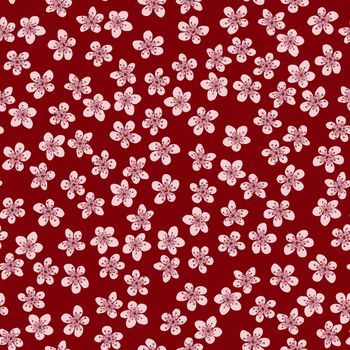 Seamless pattern with blossoming Japanese cherry sakura for fabric, packaging, wallpaper, textile decor, design, invitations, print, gift wrap, manufacturing. Pink flowers on ruby background