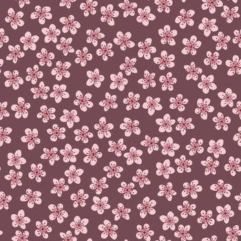 Seamless pattern with blossoming Japanese cherry sakura for fabric, packaging, wallpaper, textile decor, design, invitations, print, gift wrap, manufacturing. Pink flowers on rosybrown background