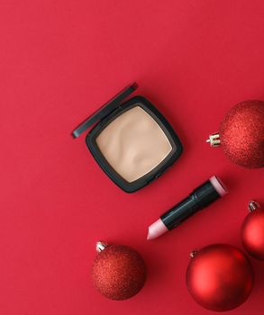 Cosmetic branding, fashion blog cover and girly glamour concept - Make-up and cosmetics product set for beauty brand Christmas sale promotion, luxury red flatlay background as holiday design