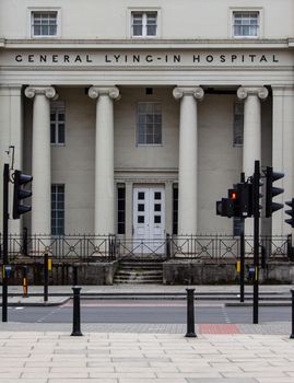 London, England -July 24 2020: The General Lying-In Hospital. Opened in 1767, it was one of the first maternity hospitals in the UK. Lying-In is an old-fashioned term for childbirth.