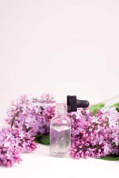 Hyaluronic acid bottle and lilac on a white background . Beauty container. Skin care. Vitamins for the skin. Rejuvenation. Female beauty. An article about the benefits of hyaluronic acid. Article about the choice of hyaluronate. Copy space. A branch of lilac. Flowering . Nature