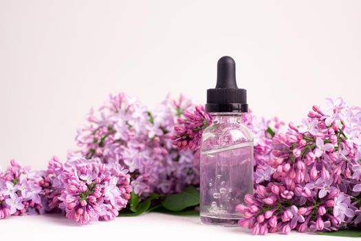 Hyaluronic acid bottle and lilac on a white background . Beauty container. Skin care. Vitamins for the skin. Rejuvenation. Female beauty. An article about the benefits of hyaluronic acid. Article about the choice of hyaluronate. Copy space. A branch of lilac. Flowering . Nature