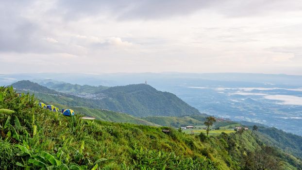 High view beautiful nature landscape of the mountain sky and forest in the morning on the hilltop viewpoint at Phu Thap Berk attractions of Phetchabun Province Thailand, 16:9 wide screen