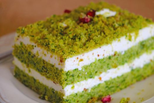 Beautiful bright delicious spinach cake. Dessert for tea