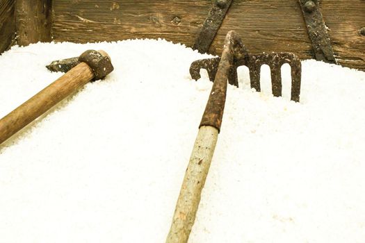 Sea salt stored for processed and old tools in Santa Pola, Spain