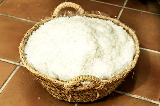 Sea salt stored for processing in Santa Pola saltworks