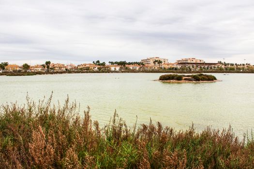 Wetlands of Santa Pola on a cloudy day of winter. Santa Pola in the background