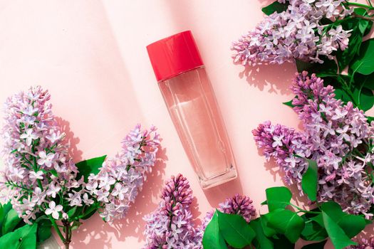 A bottle of perfume and lilac on a pink background . Women's perfume. Spring fragrance. Aromatherapy. Nice smell. Beauty and fashion. Article about the choice of fragrance. An article about current flavors . copy space. A branch of lilac. Nature