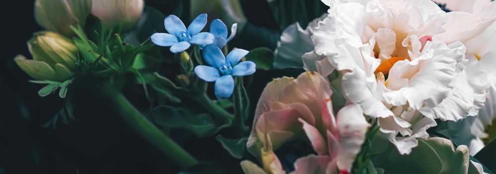 Flower bouquet on black background, beautiful floral arrangement, creative flowers and floristic design ideas