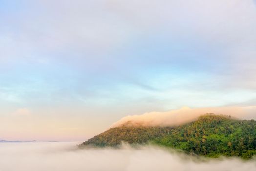 Beautiful nature landscape fog in the valley and the green mountain at the high angle viewpoint. Famous tourist attractions at Khao Kho district, Phetchabun province Thailand