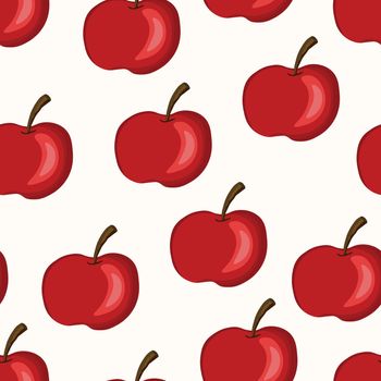 Seamless pattern with apple on white background. Natural delicious fresh ripe tasty fruit. Vector illustration for print, fabric, textile, banner, design. Stylized apples with leaves. Food concept