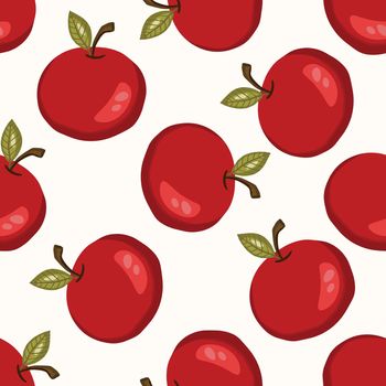 Seamless pattern with apple on white background. Natural delicious fresh ripe tasty fruit. Vector illustration for print, fabric, textile, banner, design. Stylized apples with leaves. Food concept