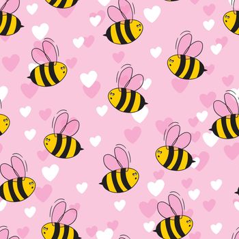 Seamless pattern with bees and hearts on color background. Small wasp. Vector illustration. Adorable cartoon character. Template design for invitation, cards, textile, fabric. Doodle style.