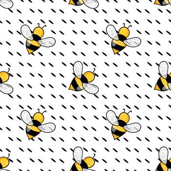 Seamless pattern with bees on white polka dots background. Small wasp. Vector illustration. Adorable cartoon character. Template design for invitation, cards, textile, fabric. Doodle style.