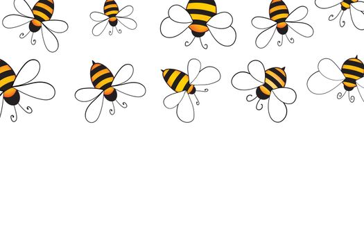 Cartoon cute bee mascot. Merry bee with an empty table. Small wasp. Vector character. Insect icon. Holiday template design for invitation, cards, wallpaper, school, kindergarten. Copy space.