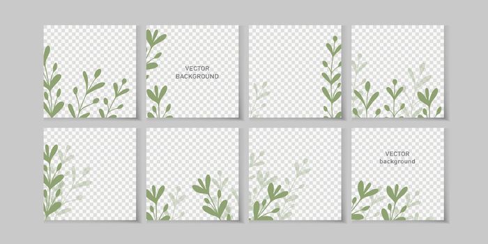 Trendy vector set for Social media stories and post, mobile apps, banners design, web ads. Template squared background with copy space and tropical leaves. Editable frame, mockup for advertising.