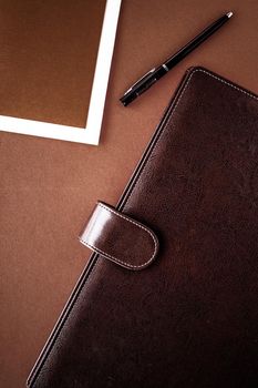 Productivity, work and corporate lifestyle concept - Vintage business briefcase on the office table desk, flatlay background