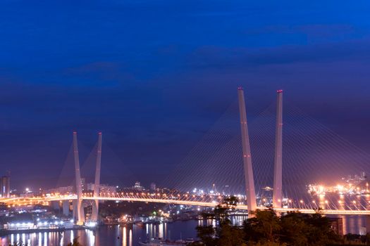Night city landscape with a view of the Golden Bridge. Vladivostok, Russia
