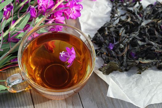 Herbal tea made from fireweed known as blooming sally in cup.