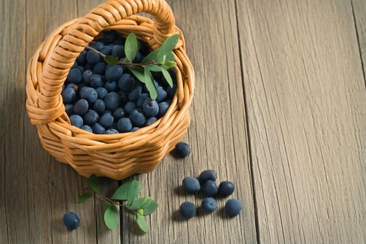 Wild forest blueberries in a small basket on a wooden table.