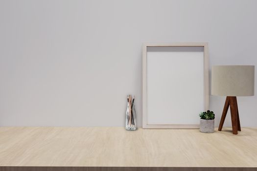 Wooden desk with photo frame and minimal round vase with a decorative twig against white wall. 3D rendering