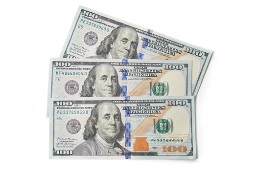 Three bills 100 American dollar bill cash money isolated on white background. US Dollars 100 banknote