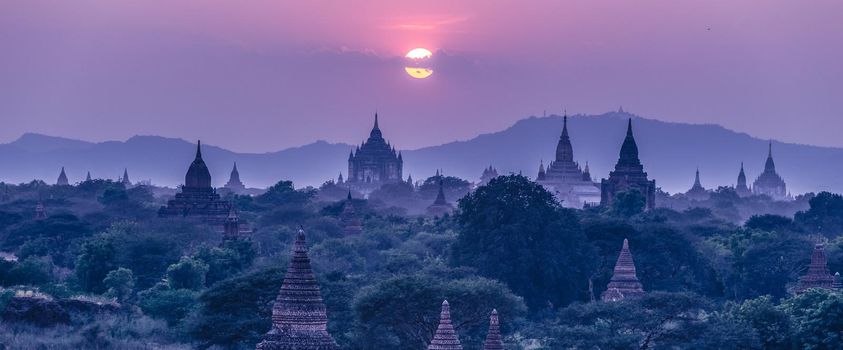 Temples of Bagan an ancient city located in the Mandalay Region of Burma, Myanmar, Asia. Night shot with