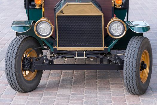 turquoise retro vintage car close-up. front view. High quality photo