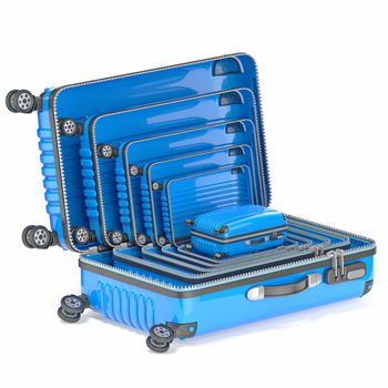 Blue suitcase From big to small one inside another 3D render illustration isolated on white background