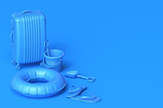 Blue suitcase summer season trip 3D render illustration isolated on blue background