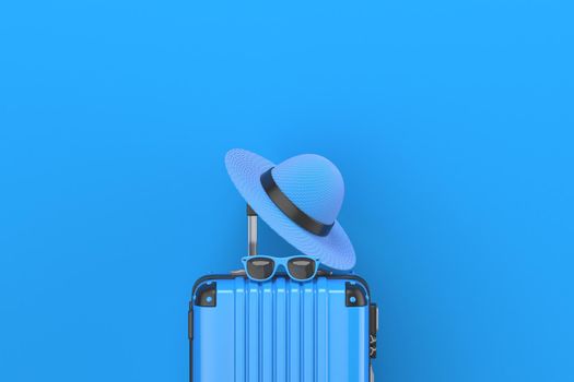 Blue suitcase with summer hat and sunglasses on it 3D render illustration isolated on blue background