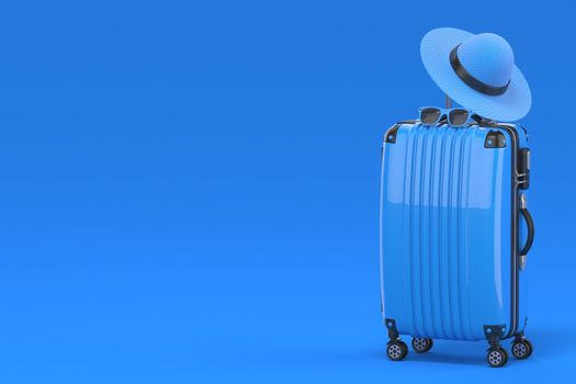 Blue suitcase with summer hat 3D render illustration isolated on blue background