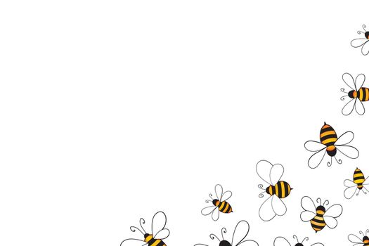 Cartoon cute bee mascot. Merry bee with an empty table. Small wasp. Vector character. Insect icon. Holiday template design for invitation, cards, wallpaper, school, kindergarten. Copy space.