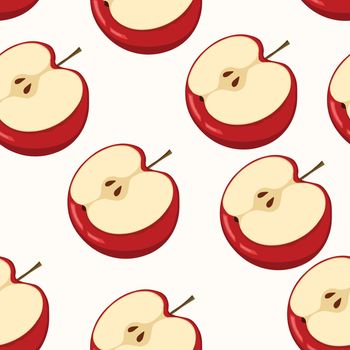 Seamless pattern with apple on white background. Natural delicious fresh tasty fruit. Vector illustration for print, fabric, textile, banner, other design. Stylized apples with leaves. Food concept.